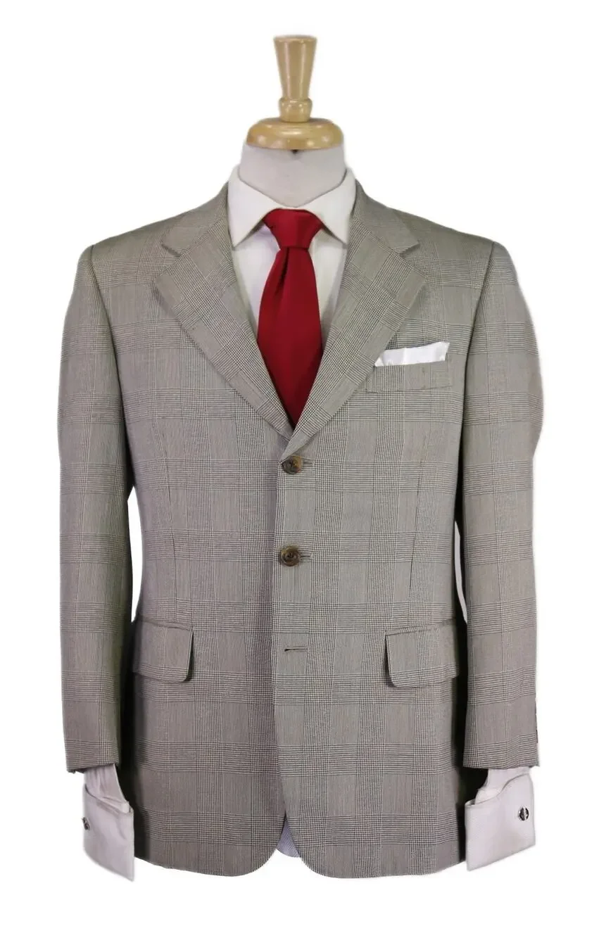 Paul Stuart Olive Green Tan Plaid Wool Silk 3-Btn Suit 38S